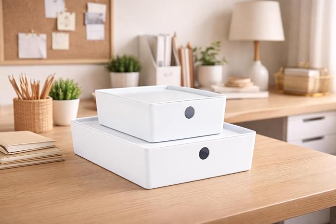 Bella White Modular Box Stackable Storage Bins with Lids Bathroom Organizer Kitchen Container Closet Shelf Organization 4 Pack (Small)