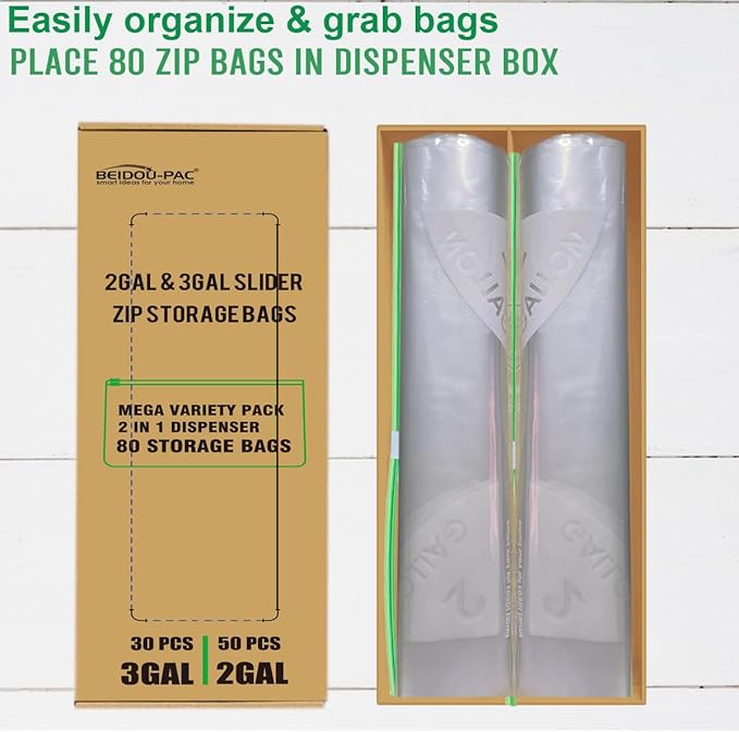 BEIDOU-PAC Combo Large Slider Storage Bags 80 Count, 2 Gallon & 3 Gallon Resealable Variety Pack With Organizer, Reclosable Clear Plastic Bags (Variety Pack)