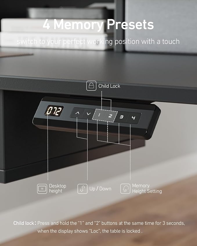 FEZIBO 60 x 30 inch Standing Desk with Drawers, Height Adjustable Electric Workstation, Computer Sit Stand Up Table with Large Storage Shelf 4 Drawers and 2 Hooks, Black