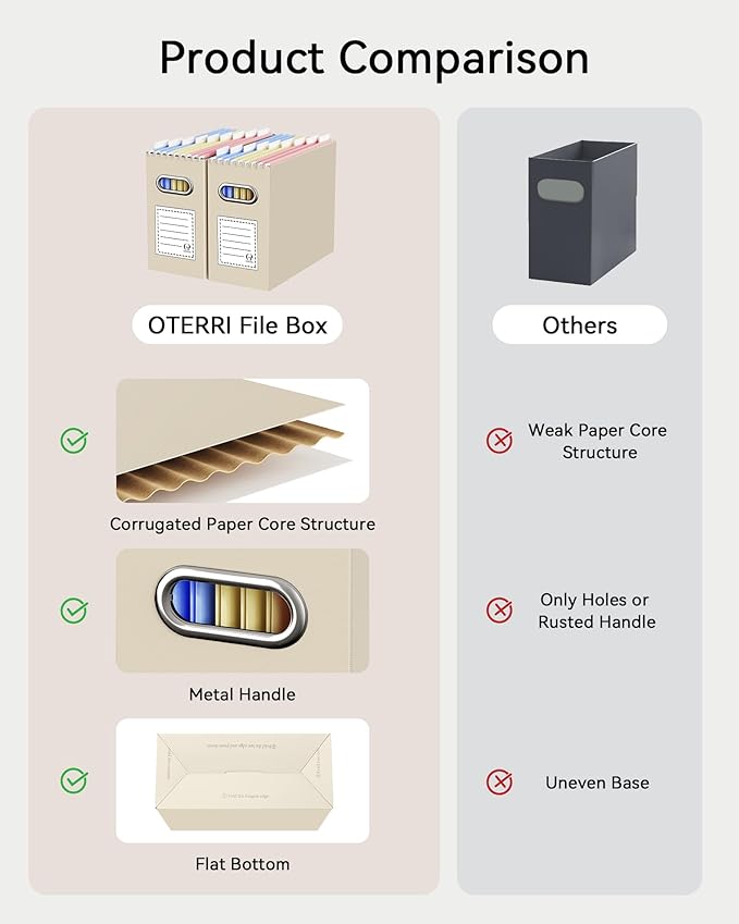 Oterri File Organizer Box, Portable Collapsible Cardboard File Folder Organizer with Handle for Letter Size Hanging Files, for Home Office & Classroom (Beige, Letter Size - 8 Packs)