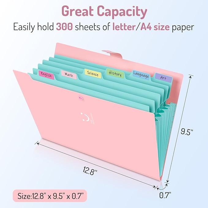 Forvencer Accordion File Organizer, Letter Size, 7 Pocket Expanding File Folder, Cute File Folder with Labels, Portable File Organizer for School Office Supplies, Folders for Documents, Black