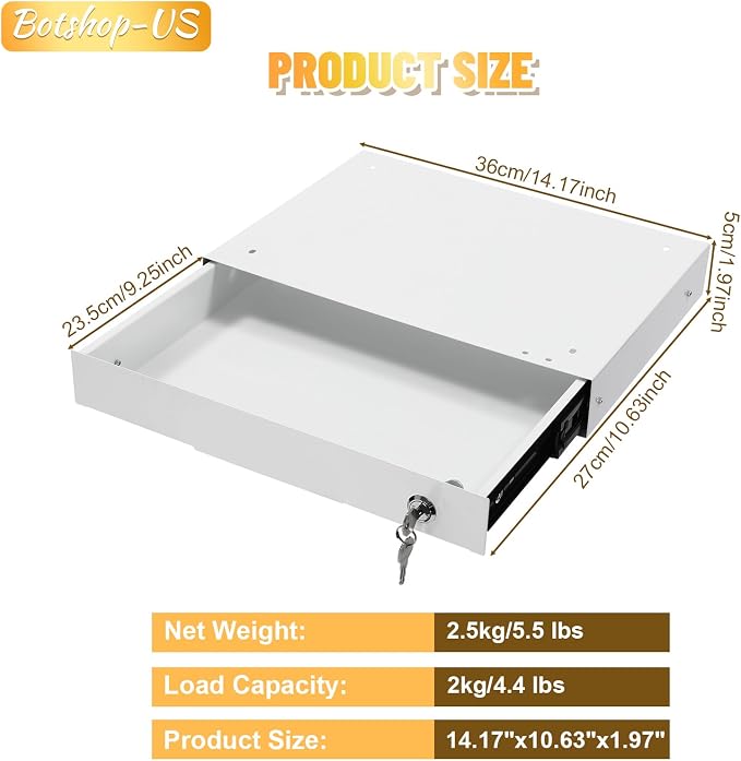 14" Under Desk Mounted Drawer, White Slide Out Pull-out Drawer Attachable Storage Drawers, Lockable Under Drawers for Sit Workstation Office