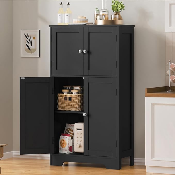 TEENFON Storage Cabinet, Rattan Cabinets with 2 Adjustable Shelves & 4 Doors, Bathroom Cabinet, Cupboard, Floor Cabinets for Living Room, Entryway, Kitchen, Home Office, Black