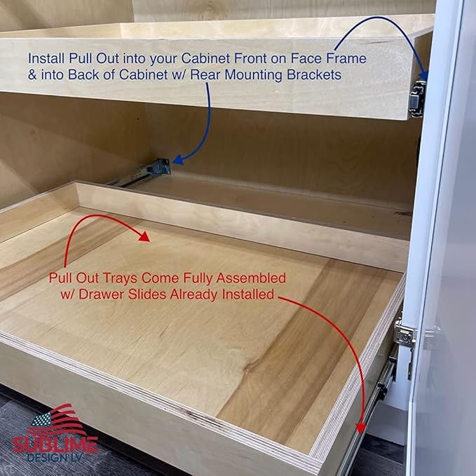 Sublime Design - Baltic Birch Wood Pull Out Cabinet Organizer | Slide Out Drawers for Kitchen Cabinets | Replacement Kitchen Drawer (Side Mounting, 15" Inches Wide)