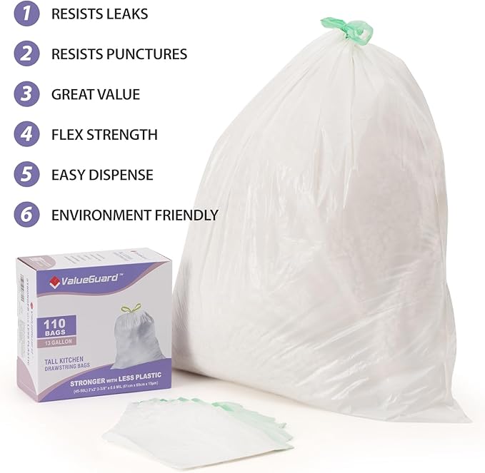 ValueGuard Trash Bags Garbage Bag 13 Gallon Drawstring Tall Waste Bag for Kitchen Office Party 0.6 Mil (110 Count)
