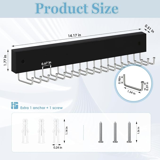 Tie Rack Belt Hanger Wall Mounted, Lomrsiul Non Slip 180 Degree Rotating Tie Organizer for Men Closet with 18 Hooks Closet Organizers and Storage for Tie Belt Necklace Purse Scarf Bag Black 1 Pack