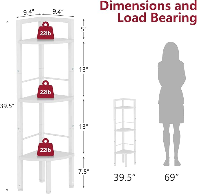 Tajsoon Small Corner Shelf Stand 3 Tier 39.6" Industrial Corner Display Shelf Shelving Unit, Corner Tables for Small Spaces, Bedroom, Living Room, Office, Kitchen, White