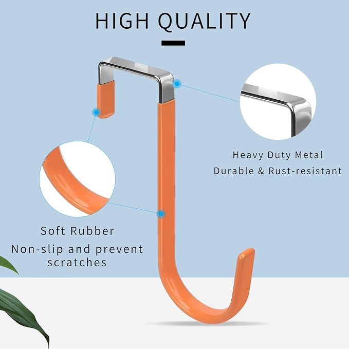 FYY Over the Door Hooks, Single-Hanger 4 Pack, Fits Doors 1 3/8" Orange | Heavy Duty Metal, Hold 20lbs, Rubber-Coated, No-Drilling, for Bathroom Dorm, Hanging Towels Clothes Hats Bags Coats Wreaths