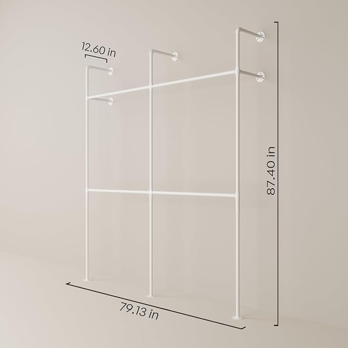 pamo Industrial Clothing Rack Wall Mounted White – 79" W × 87" H, 660 lbs | Heavy Duty Pipe Closet System in White Powder Coated Steel, Scratch-Resistant, Double Rod, Easy Assembly, Closet Organizer