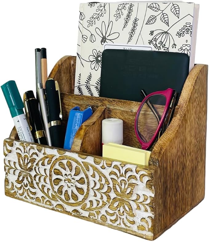 Mie Creations Wooden Office Desk Organizer, Farmhouse Stationery Caddy 8'' | Countertop Holder for Pen, Remote, Marker, Art Supplies Accessories, Aesthetic Modern Work Study Table Stand, White Shabby