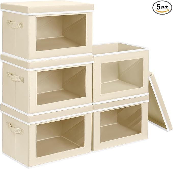 Homsorout Storage Cubes with Lids - 5 Pack Foldable Clear Window Storage Bins, Large Decorative Storage Bins with Handles, Storage Containers for Clothes, Towel, Blanket, Sheet, Beige