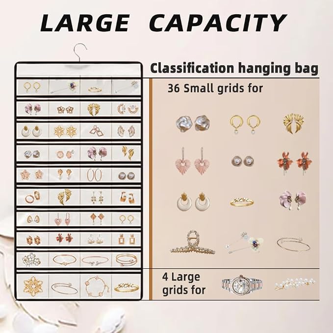 Hanging Jewelry Organizer Storage Earring Jewelry Storage Bag With 48 Pockets Necklace Bracelet Ring Glasses Accessory Display Rack (White)