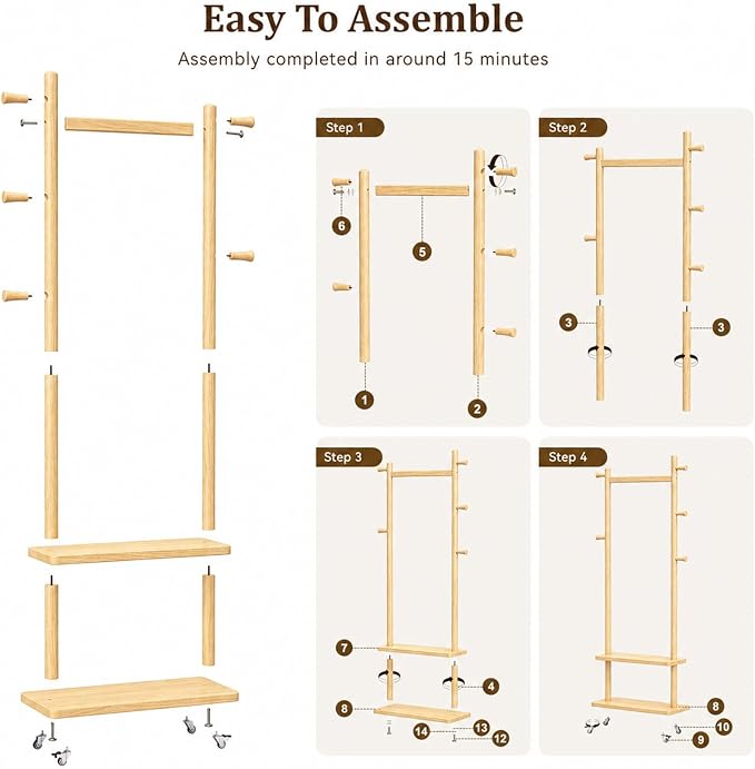 Solid Wood Coat Rack Freestanding Clothing Rack with Wheels & 2 Shelves Storage & 5 Hooks Heavy Duty Clothes Rack Wood Coat Tree Stand Hat Hanger Rack for Corner Bedroom Entryway Living Room Hotel