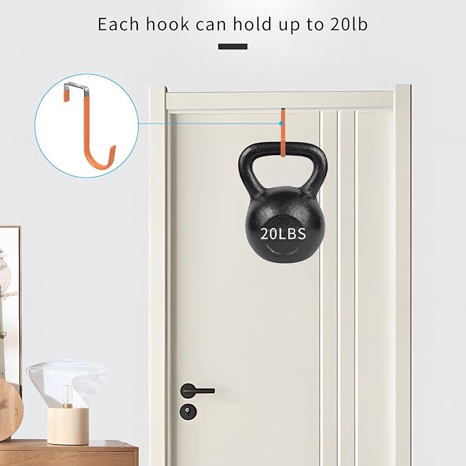 FYY Over the Door Hooks, Single-Hanger 4 Pack, Fits Doors 1 3/8" Orange | Heavy Duty Metal, Hold 20lbs, Rubber-Coated, No-Drilling, for Bathroom Dorm, Hanging Towels Clothes Hats Bags Coats Wreaths
