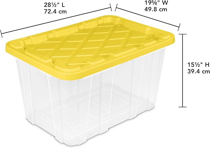 Large Industrial Storage Bins with Lids, 27 Gallon Clear Plastic Tote for Garage & Basement, Heavy Duty Stackable Totes for Storage and Organization, Yellow, 4-Pack