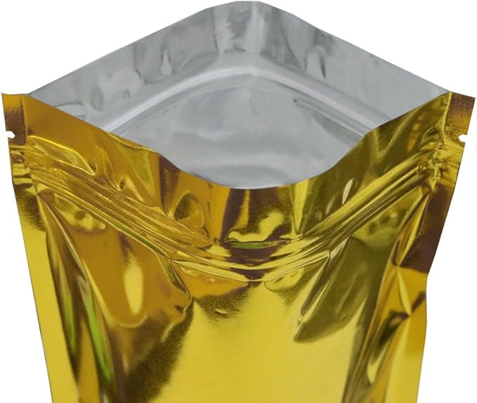 100PCS Customized Resealable Mylar Bag Foil Flat Packaging Bag with Tear Notch,Single-Color Printing for LOGO,QR Code,Text (Gold, 14 * 20CM/5.5"*7.9"-100PCS-One Color Print)