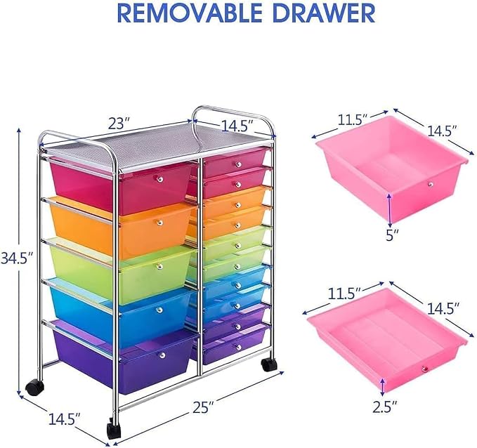 LUARANE Rolling Cart with 15 Drawers, Craft Storage Cart with Portable Handles & Lockable Wheels, Mobile Toys Organizer, Large Capacity Utility Drawer Cart Home Office School Teacher (Rainbow)