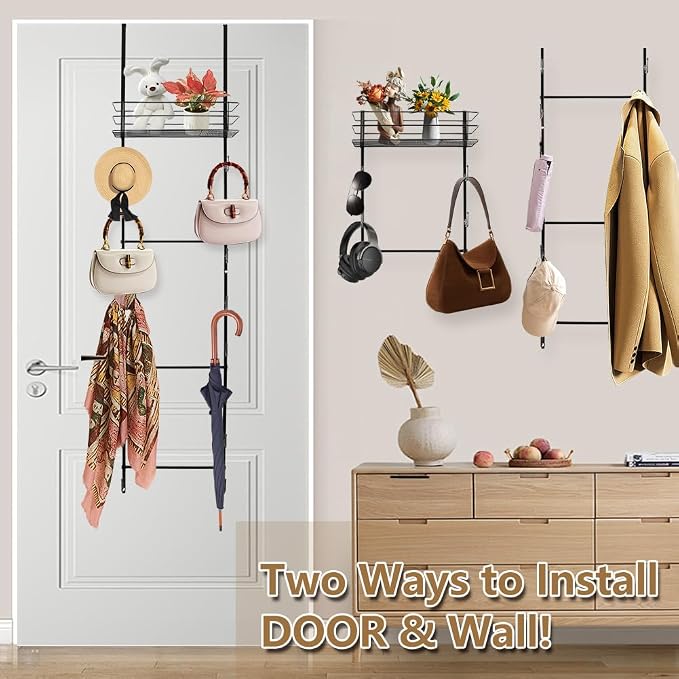 Over The Door Purse Organizer, Hanging Purse Organizer | Wall-Mounted Handbag Storage Rack with 16 Hooks & Metal Basket, Space-Saving 2-in-1 Bag Rack for Door, Closet