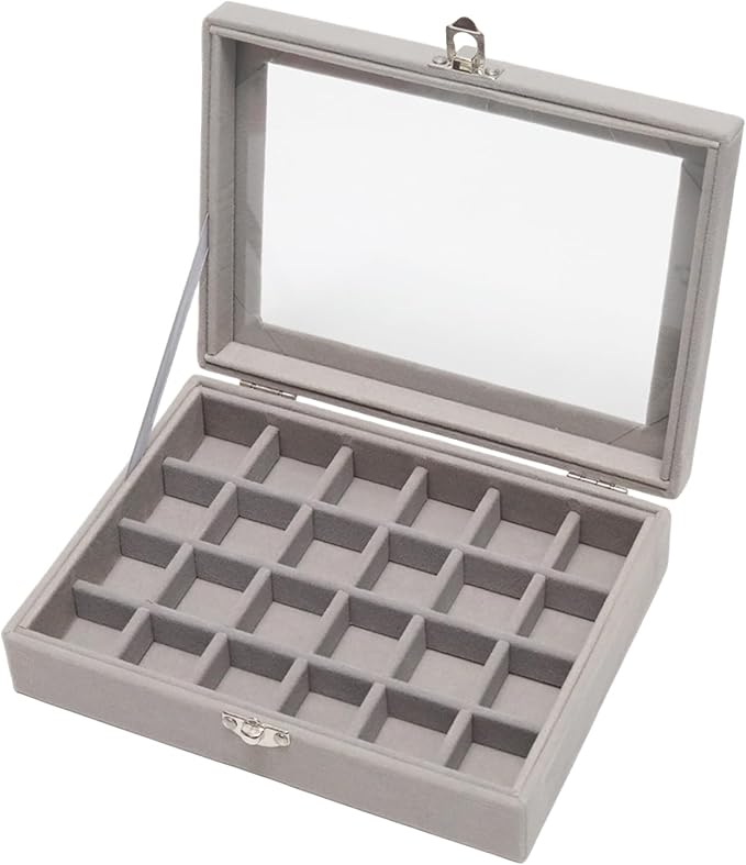 Small Velvet Jewelry Tray with Clear Lid, Lockable Ring Earring Holder Organizer Storage Box Case Jewelry Box Organizer for Rings Earrings Bracelets Brooches, 24 Grids Gray