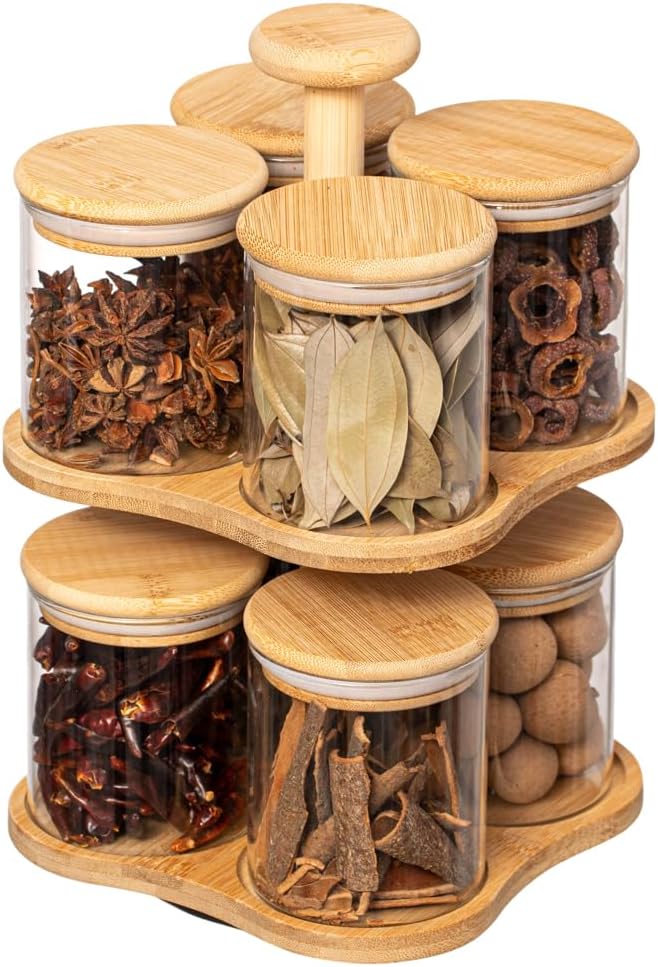 Basicwise Minimalist Two-Tier Bamboo Lazy Susan Turntable with 8 Pcs 12 oz Airtight Lid Glass Jars, Versatile Spice Rack Organizer, Perfect for Kitchen Countertops, Dining Tables, and Pantry Cabinets