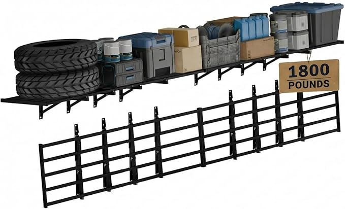 FLEXIMOUNTS Fold-Down 2x6ft Garage Wall Shelving, 4-Pack Heavy Duty Folding Garage Shelving Wall Mounted, 1800 lbs Capacity, Storage for Power Tools, Garden Supplies & Seasonal Storage, Lite Series