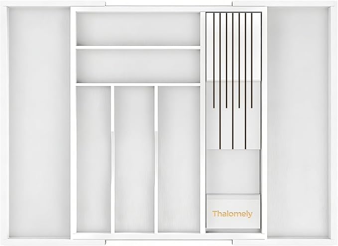 Bamboo Kitchen Drawer Organizer, Expandable Silverware Organizer with Removable Knife Block, 6-8 Slots- Utensil Holder & Cutlery Tray Drawer Dividers, 2.36" Deep for Extra Capacity, White