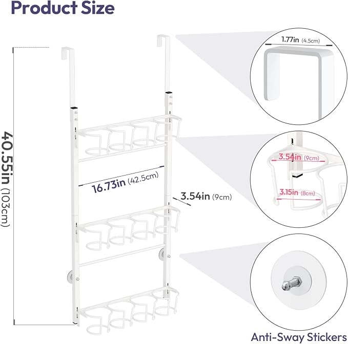 SWTYMIKI 3-Tier Water Bottle Organizer – Over the Door Stanley Cup Holder, Cup Organizer for Door or Wall Mount Option, Stanley Accessories for Pantry, Dorm, Office, RV Use, White