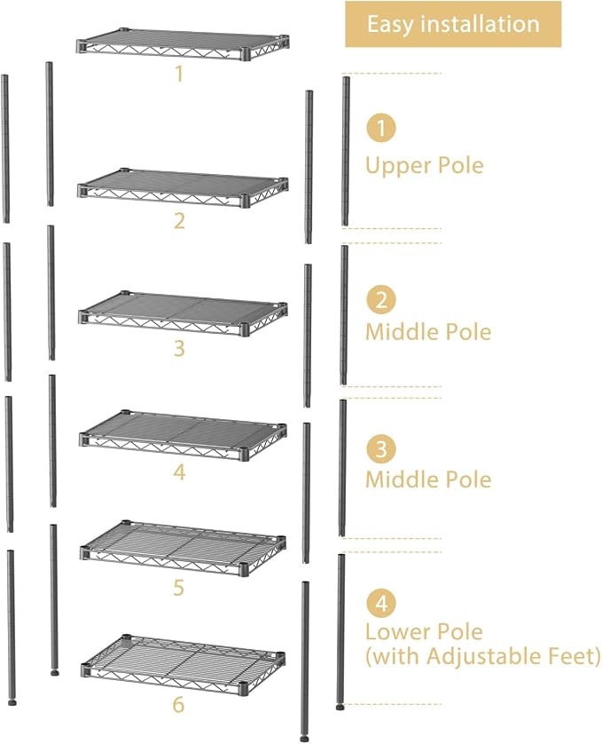 SINGAYE Metal Shelves Wire Shelving Storage Standing Adjustable Shelf Unit | 6 Tier Mesh Units Shelf for Kitchen Laundry Bathroom Closet Organizers Pantry Narrow Home Rack 10" D x 16" W x 63" H Black