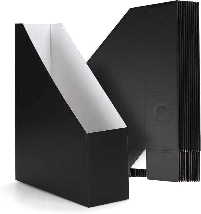 EXYGLO 12 Pack Black Magazine File Holder, Cardboard Magazine Rack with Label, Foldable Storage Organizer Box for Book, Documents, 9.9x3.3x12 Inches