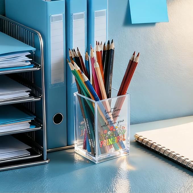 Teach Them Love Them Watch Them Acrylic Cosmetic Pencil Holder Cup, Floral Books Pen Holder for Home Office Desk Accessories for Principal, Pen Organizer, Marker Holder, Funny Principal Gifts