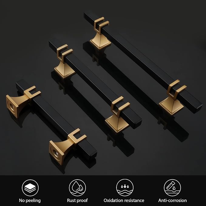 25 Pack 6-1/4 Inch Cabinet Pulls Black and Gold Cabinet Handles Kitchen Cabinet Handles, Black Dresser Drawer Pulls Kitchen Cabinet Hardware