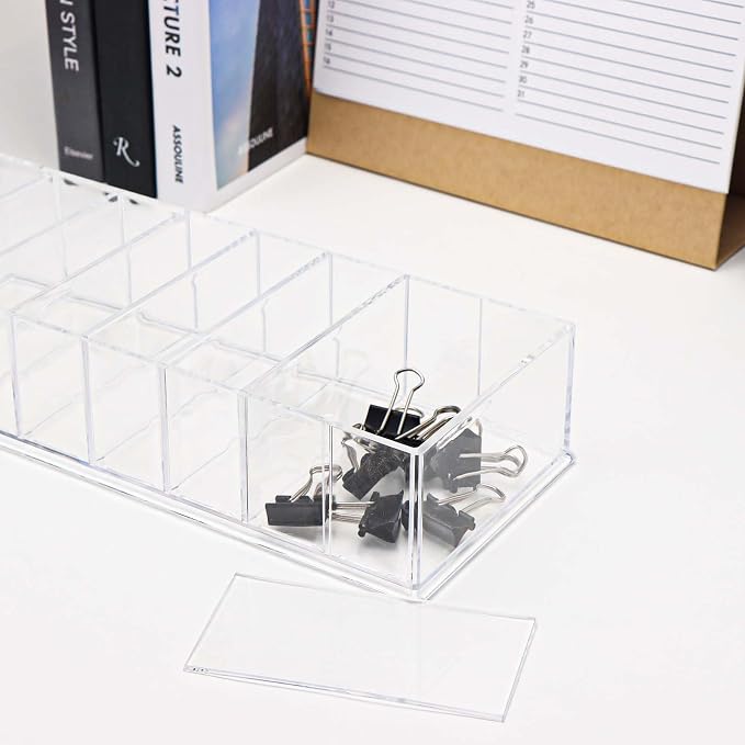 MEI YI TIAN Clear PS Stationery Organizer Large Pen Holder Detachable Storage Boxes 8 Compartments Case Compact Makeup Organizer for Desk Drawer