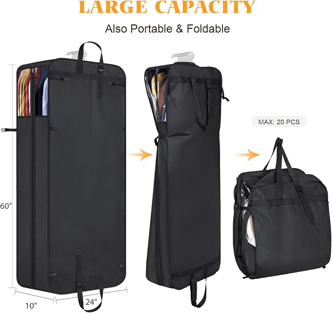 Univivi Hanging Garment Bag for Travel, 60" Heavy Duty Suit Bags, Extra Capacity Hanging Clothes Bag for Closet Storage, Dress Cover with Handles and Buckle Straps for Suit, Coat, Jacket, 2 Pack