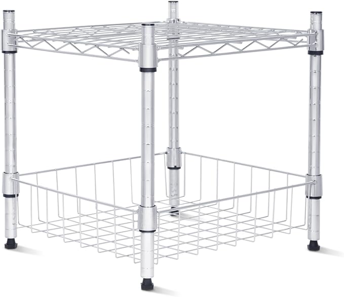 Whitmor 2 Tier Metal Storage Shelves, Heavy Duty Shelf with Basket, 350 lbs Capacity per Shelf, 700 lbs Total, Home Organizer for Kitchen, Garage, Bathroom, 15" L x 14" W x 15" H, Chrome