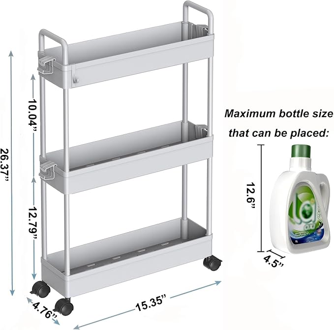 SOLEJAZZ Slim Rolling Storage Cart Skinny Bathroom Organizer, 3 Tier, Gray | Thin utility cart with wheels for bathroom, laundry room, bedside, kitchen, dorm, office, next to fridge, small narrow places