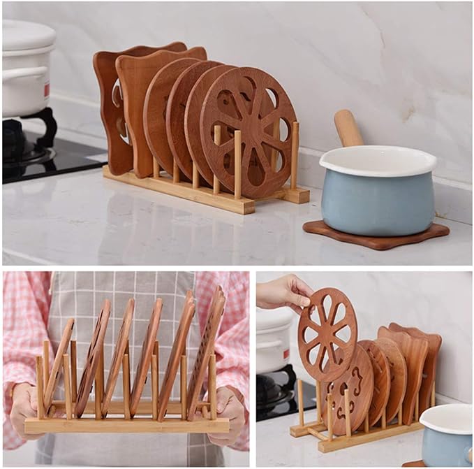LZYMSZ Set of 2 Bamboo Wooden Dish Rack, Plate Rack Stand Pot Lid Holder, Kitchen Cabinet Organizer for Bowl, Cup, Cutting Board and More