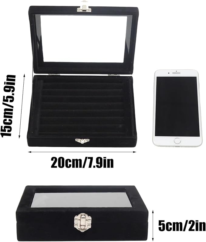 Small Velvet Jewelry Tray with Clear Lid, Lockable Ring Earring Holder Organizer Storage Box Case Jewelry Box Organizer for Rings Earrings Bracelets Brooches, 8 Rolls Black