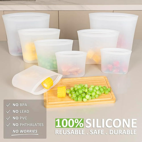 100% Silicone Reusable Storage Bag, 12 Pack Stand-Up Wide-Mouth Zip-Lock Food Storage Bags, Easy-Fill Easy-Open Easy-Clean Space-Saving, Microwave & Dishwasher Safe, Gallon/Sandwich/Snack, Translucent