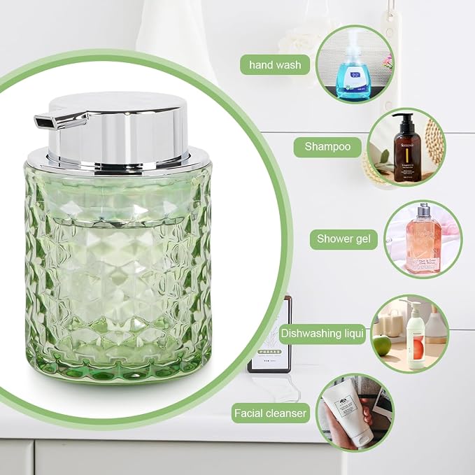 10 Oz Glass Hand Soap Dispenser with Pump, Refillable Bathroom Gold Foaming Soap Dispenser, Vintage Glass Diamond Lotion Container Bottle for Bathroom and Kitchen (1, Green and Silver)