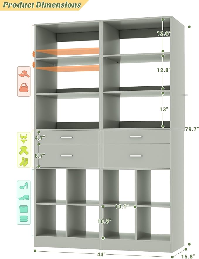 44" Storage Unit with Drawers and Shelves, Crab Green