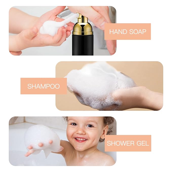 Travel Foam Pump Bottle - 2oz Small Size Foaming Hand Soap Dispenser - Mini Portable Mousse Lash Shampoo Kit Container for Hair - Empty Leak Proof Plastic Gold &Black Foamer 3Pack