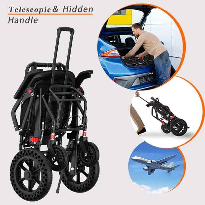 18”W x 18”D Seat Wheelchairs for Adults Transport Chair Lightweight Foldable with Telescopic Handle, Portable Folding Travel Wheel Chairs for Seniors，21.4 lbs，12” Rear Wheel