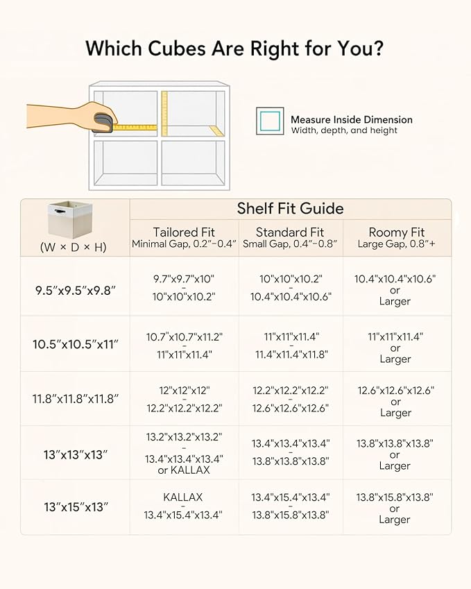 Cube Storage Bins | 9.5"x9.5"x9.8", Beige & White, 6 Pack | Multi-Size | 2X Thick Support Board | Vegan Leather Handles | 7.7 oz/yd² Fabric | 10"x10" Drawer Insert Basket