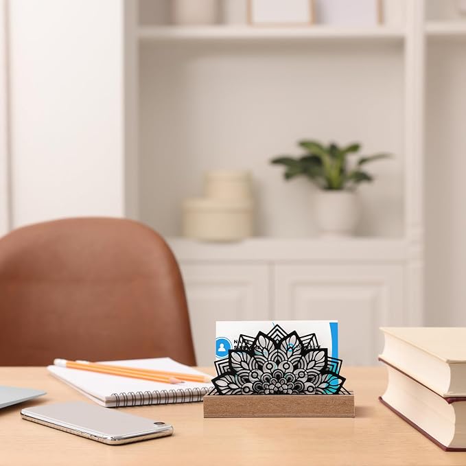 CroBlissful 2 Pcs Lotus Business Card Holders for Desk, Wood&metal Black Lotus Silhouette Business Card Display Stand for Home Office