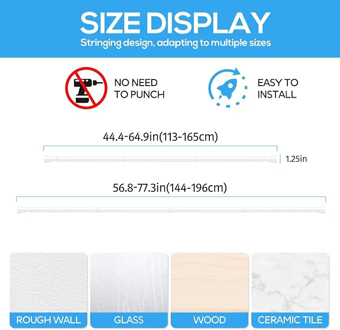 2 Pack Spring Tension Rods 45-77IN, 7/8 Inch Diameter White No Drill Spring Loaded Adjustable Extendable, Small Short Tension Curtain Rod for Windows Kitchen Doorway Closet Cupboard