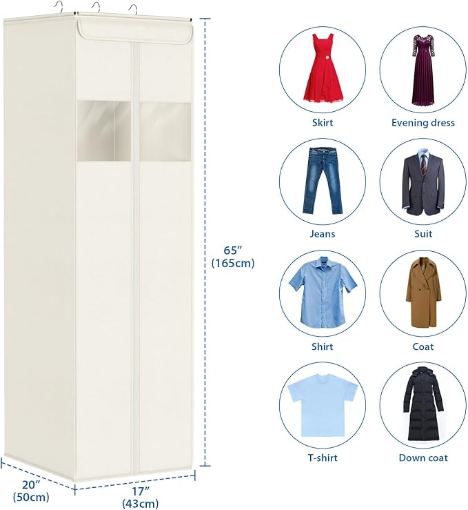 Zilink Long Dress Bag for Hanging Clothes 65" Dress Bags for Gowns Long with Clear Window Space Saving Dress Storage Bags Hanging for Long Dresses, Winter Coat, Trousers, Fur, Beige