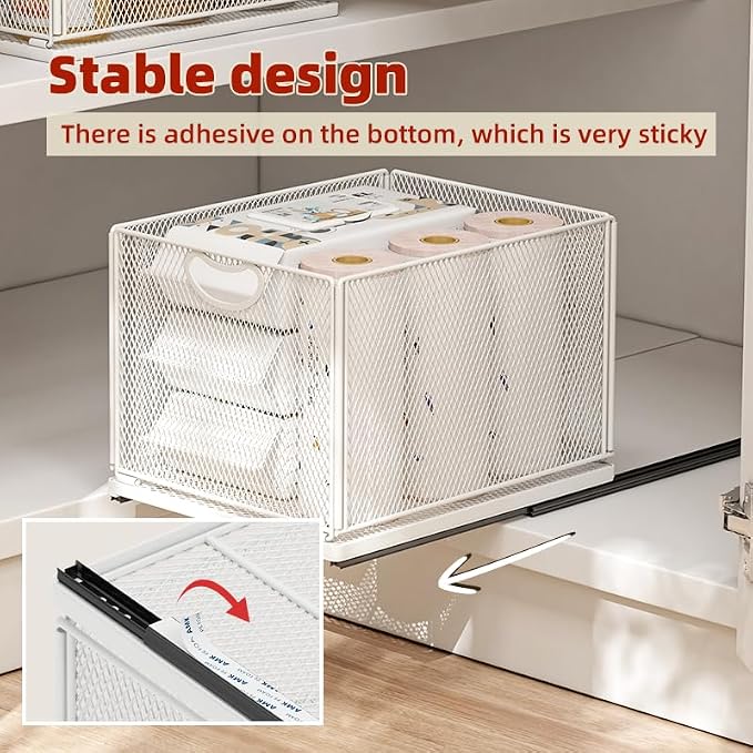 GC Sliding Cabinet Basket Organizer Drawer Self Adhesive Slide out Pantry Shelves Heavy Duty Carbon Steel Slide Cabinet Storage Basket with Handle for Bathroom Kitchen