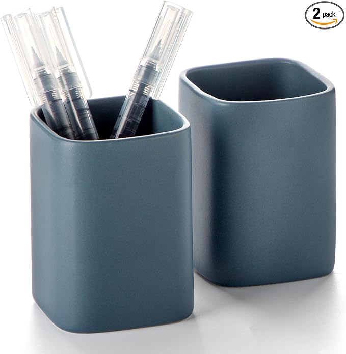 Ceramic Pen Holder Set of 2, Matte Square Pencil Cup for Desk, Heavyweight Stoneware Desk Organizer for Office Front Desk & Vanity, Modern Pen Cups Holder, Non-Slip Base - Matte blue