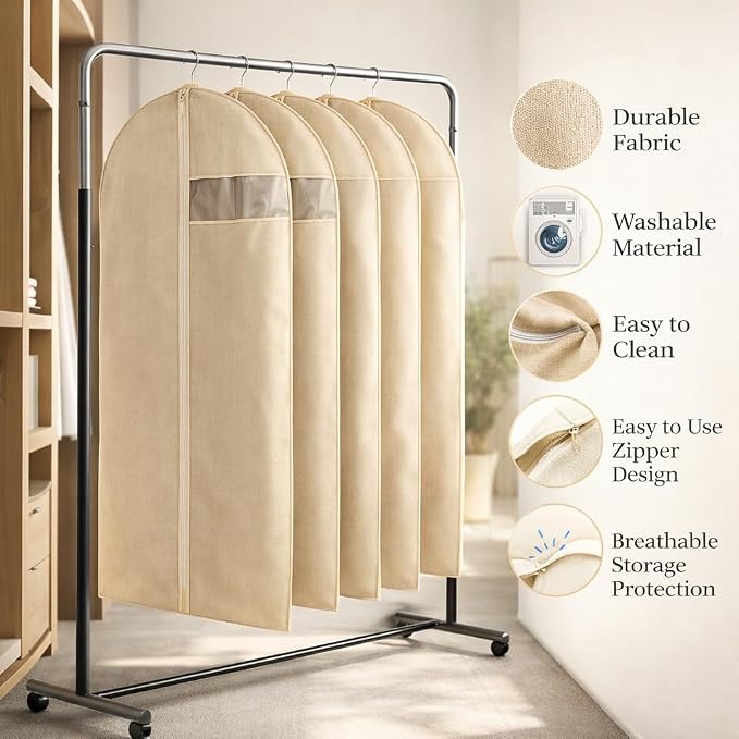 Garment Bags for Hanging Clothes, 5 Pack Non-Woven Clothes Covers | Breathable Closet Storage Bags with Clear Window, Dust Covers for Suits, Coats, Dresses, Jackets and Shirts, Beige