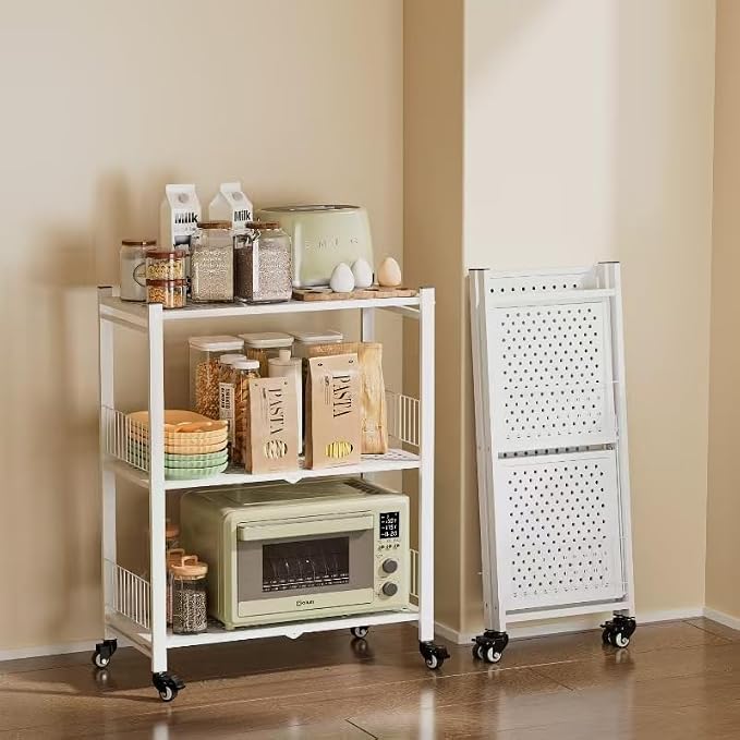 Folding Storage Shelves No Assembly, 3 Tier Foldable Shelves with Wheels, Collapsible Rolling Storage Rack for Pantry Laundry Room Small Spaces, White
